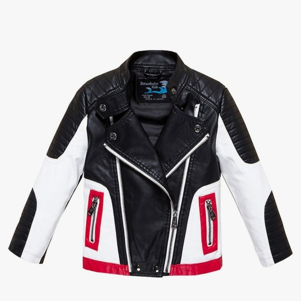 Black and White Biker Jacket with Red Accents